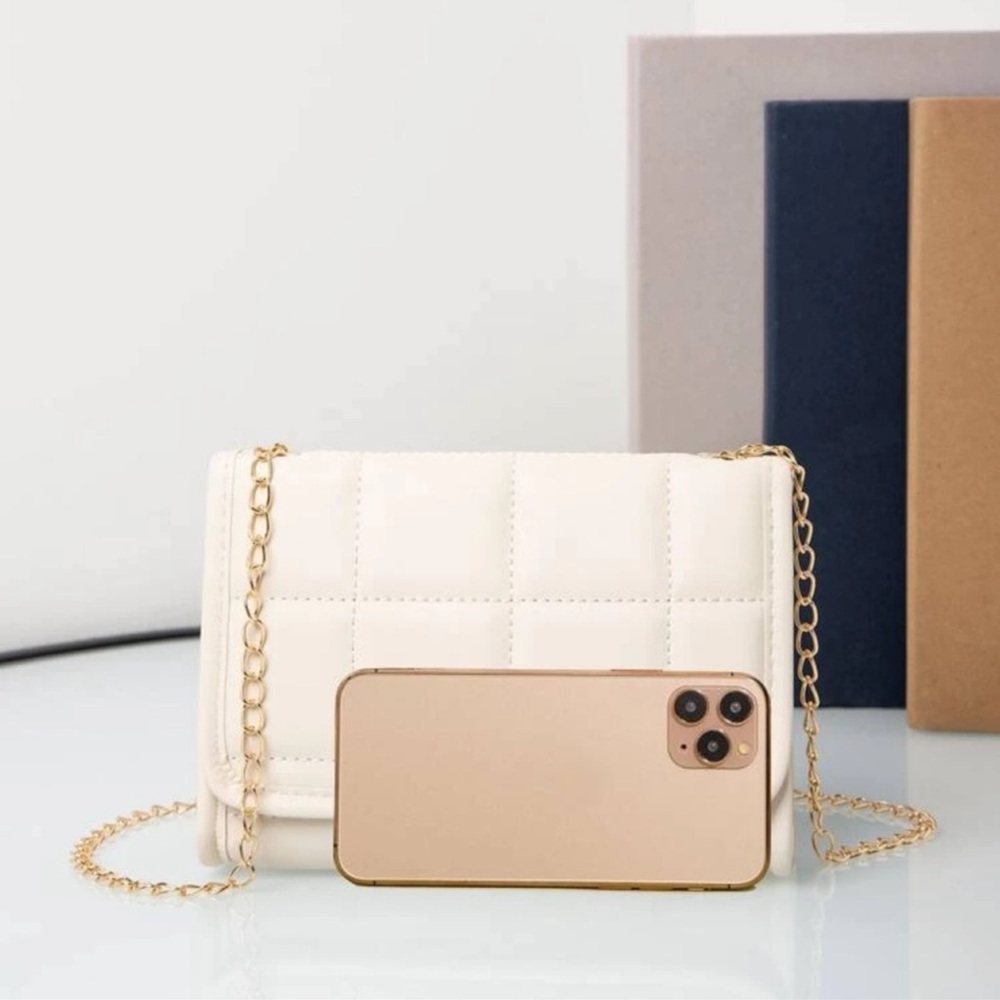 New Boho Plaid Quilted Cream Beige Faux Leather Flap Chain Square Crossbody Bag - Picture 7 of 16